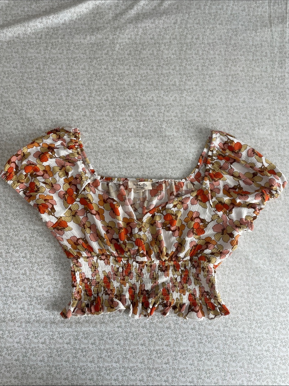 Smocked Floral Crop Top in White, Orange and Pink